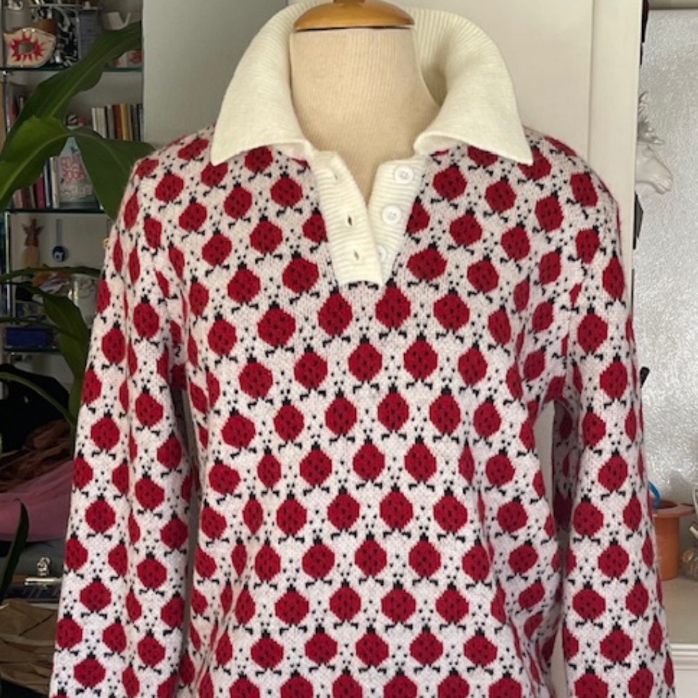 Fun Lady-bug Knit Sweater with Button Collar - Medium